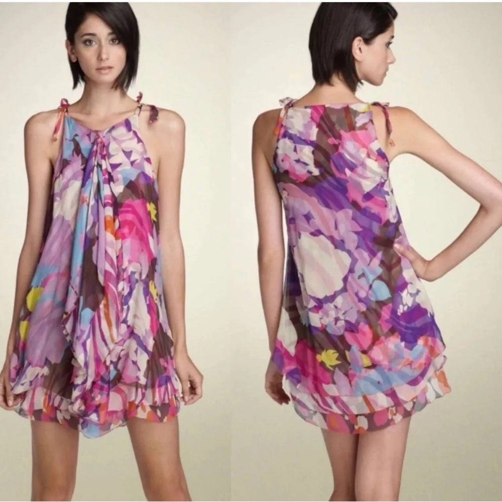 Diane Von Furstenberg Silk Chiffon Dress 0 Sleeveless Tie Straps Tiered Colorful